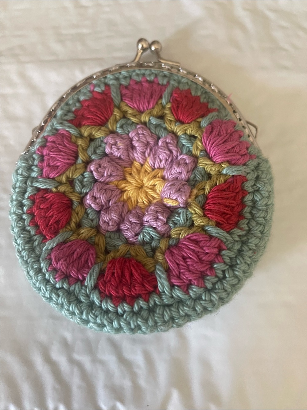 Handmade Crochet Floral Coin Clutch - Pink & Mint